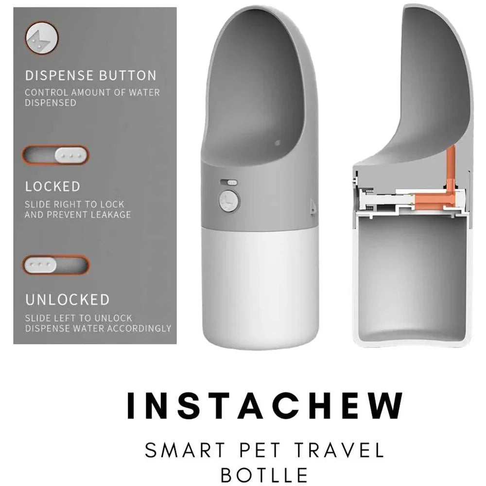 Smart pet travel bottle with packaging and disassembly view on a white background, featuring the brand 'Instachew'.