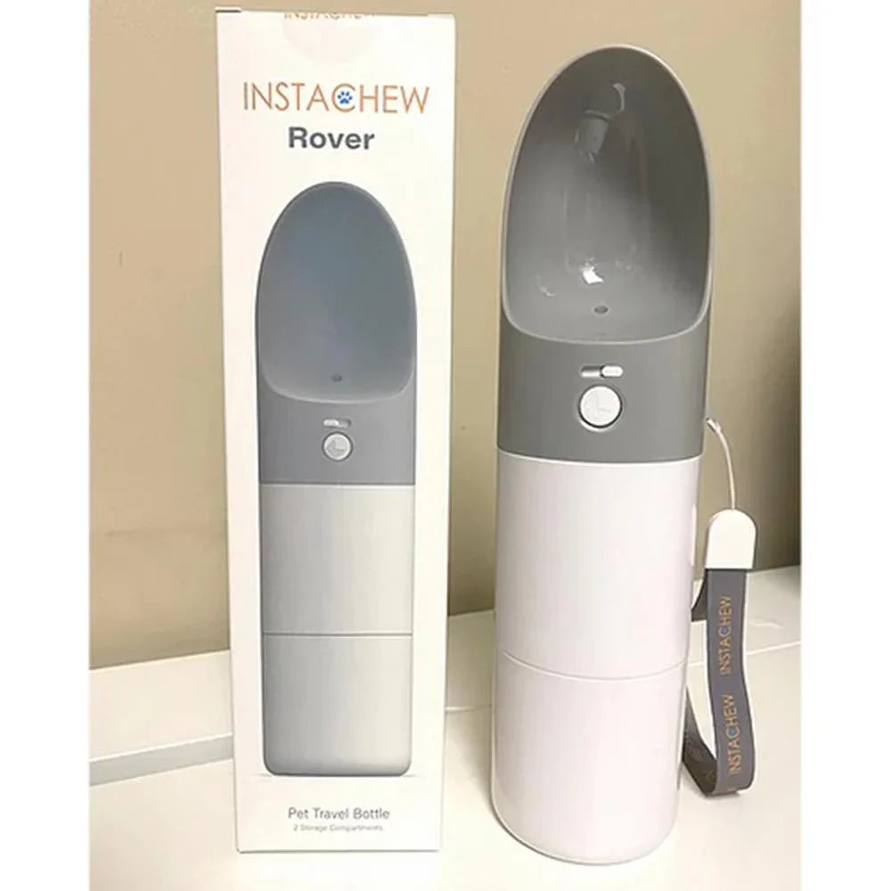 InstaChew Rover pet travel bottle with packaging on a beige background