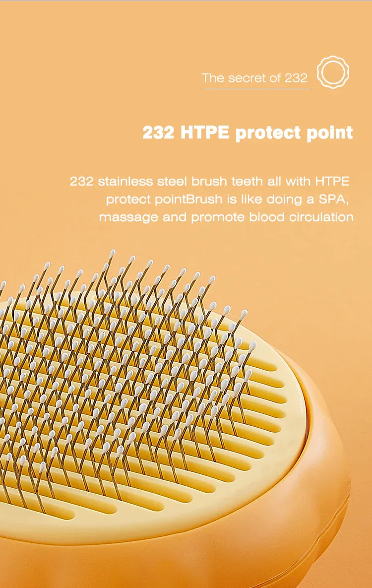 Yellow hairbrush with stainless steel bristles on an orange background, featuring text about HTPE protect point technology.