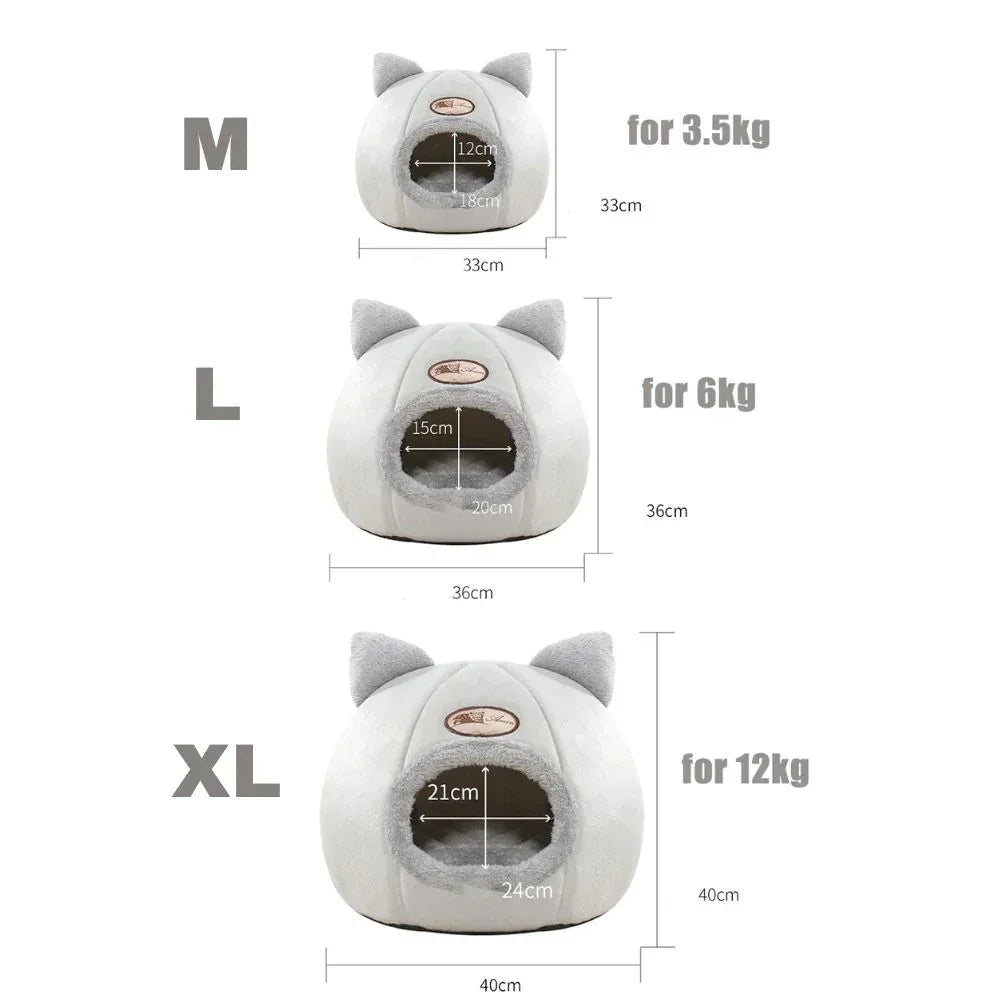 Cat cave bed size chart showing M, L, XL dimensions