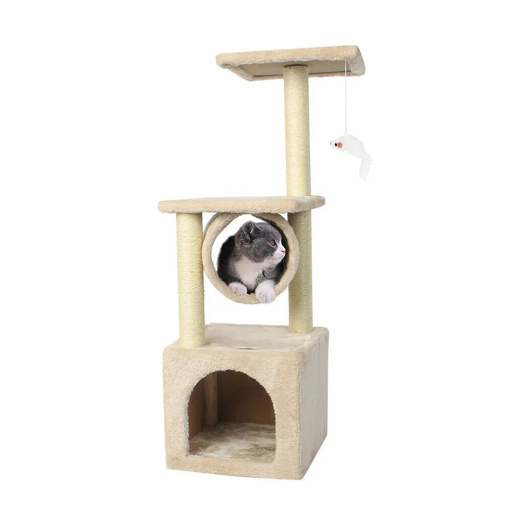 Cat tree with a cat inside on a white background