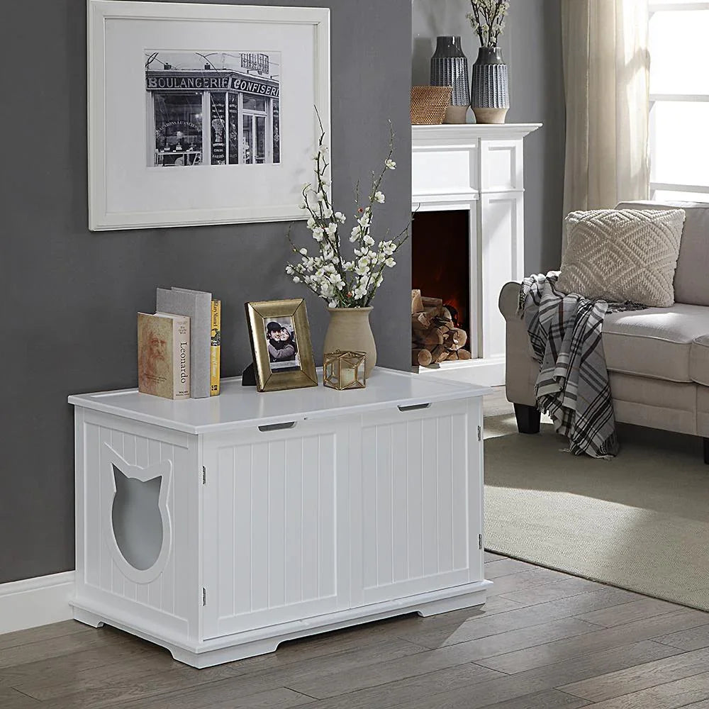 cat litter box furniture in white - washroom bench enclosure cabinet