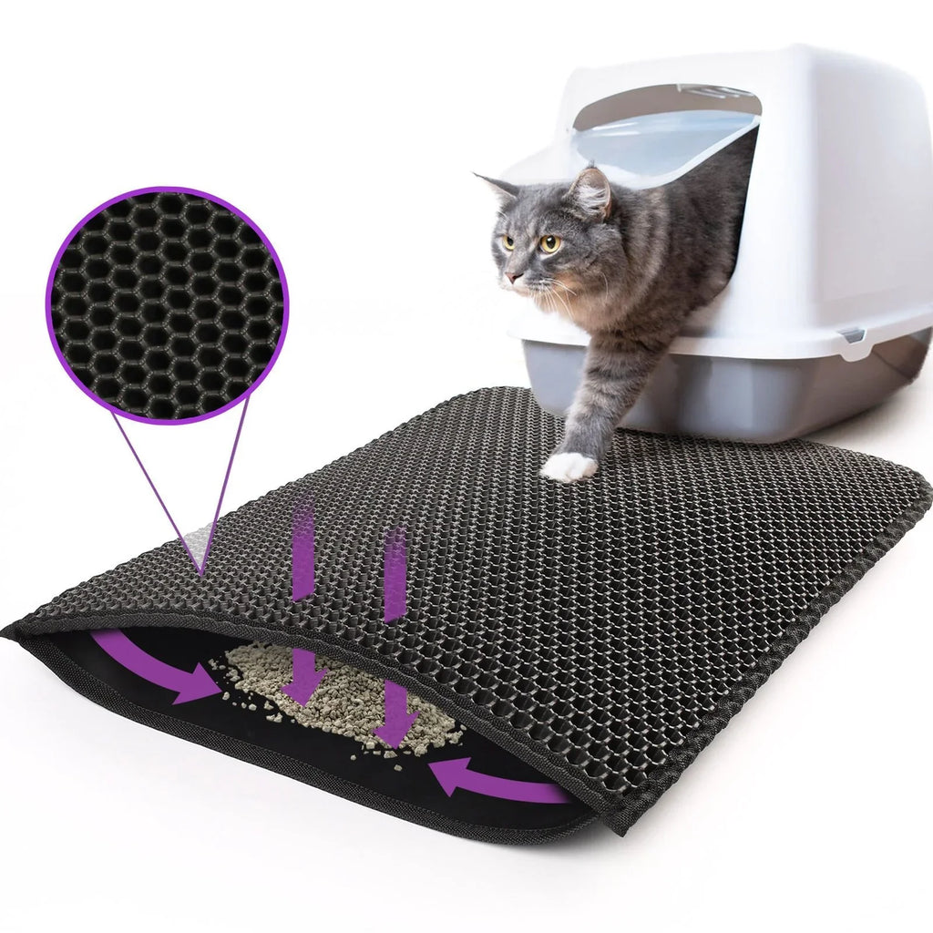 Black double layer cat litter mat with honeycomb design trapping litter