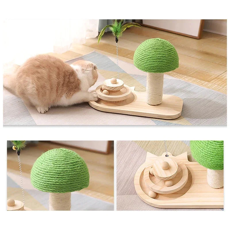 Cat scratching green sisal mushroom cap on tree-shaped post