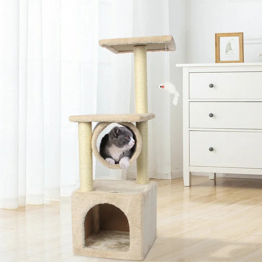 Multi-level cat tree tower with tunnel condo and scratching posts in beige