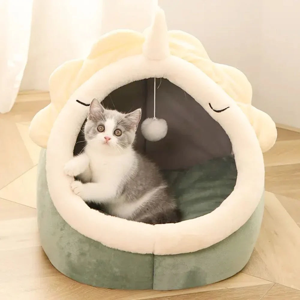Green dinosaur pet house cave bed with toy for cats and small dogs