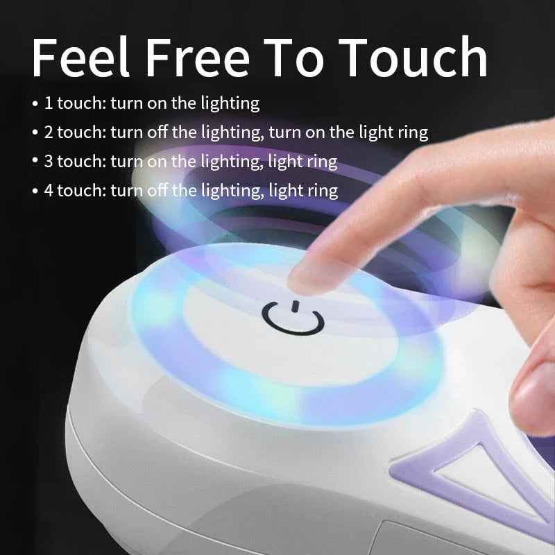 Control panel with touch functions for lighting and light ring, featuring a hand touching it.