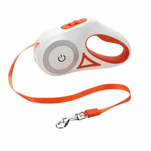 White and orange retractable dog leash with power button on a white background