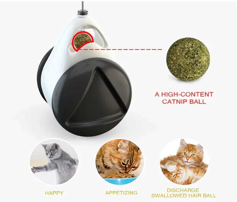 Cat toy with high-content catnip ball and images of cats interacting with it.