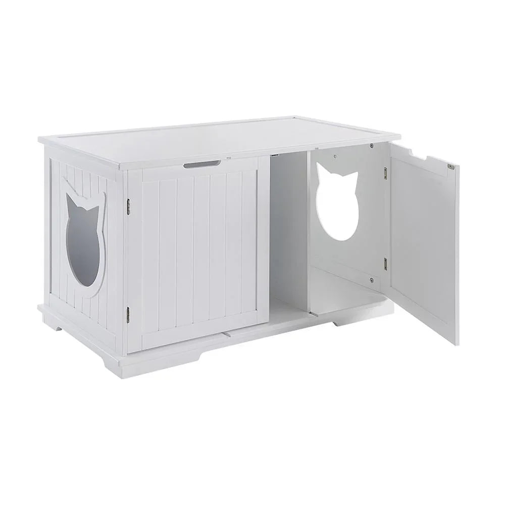 White wooden pet house with cat-shaped door on a white background