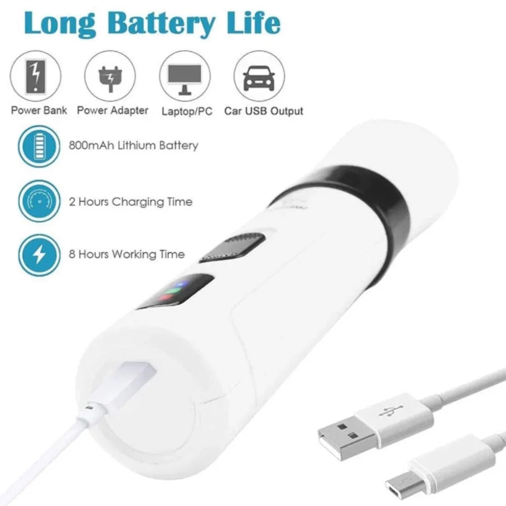 White electronic device with USB cable, battery life indicators, and charging time details on a white background.