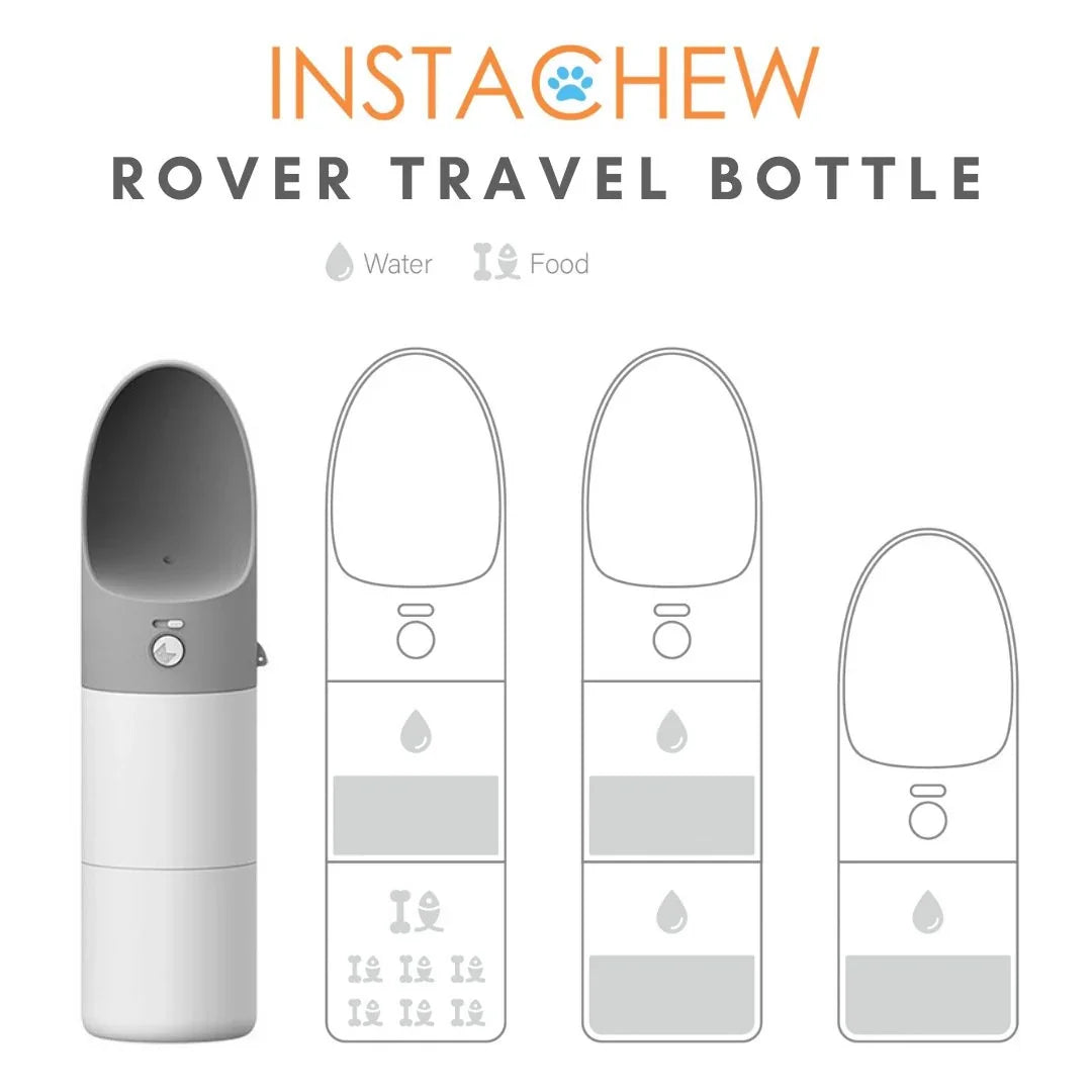 Instachew Rover Travel Bottle with water and food icons on a white background