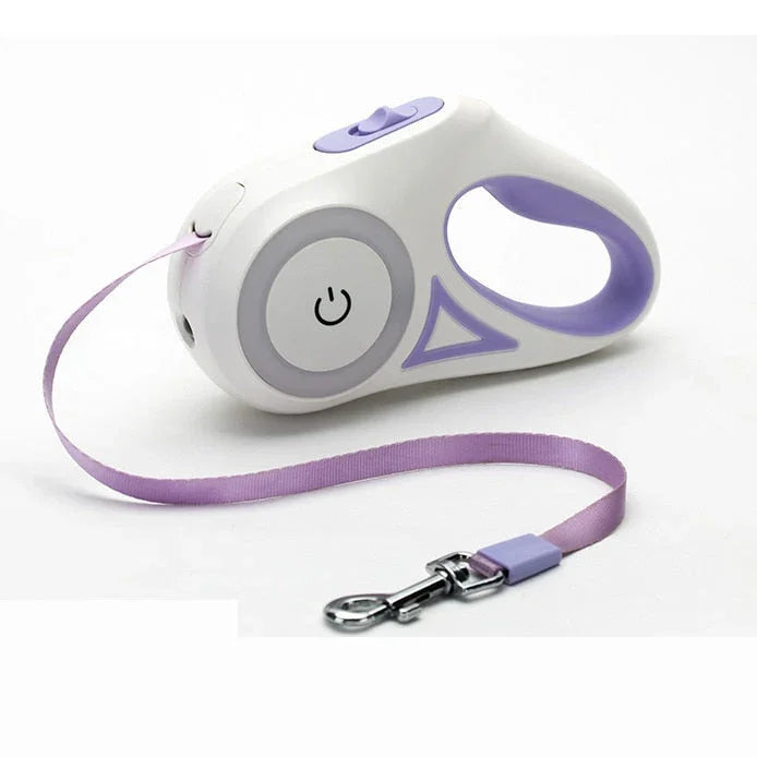 Retractable dog leash with built-in LED flashlight in purple and white
