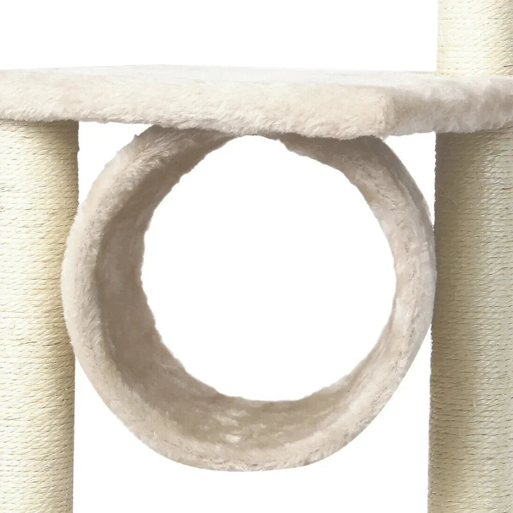 Three level cat activity tree with sisal scratching posts and hanging toy